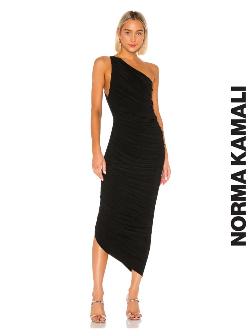 Norma Kamali Diana Gown Black One Shoulder Ruched Formal Dress Glam, Size S